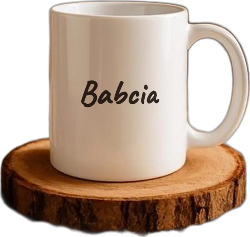 Kubek ceramiczny z napisem „Babcia mistrzyni pierogów”, packshot