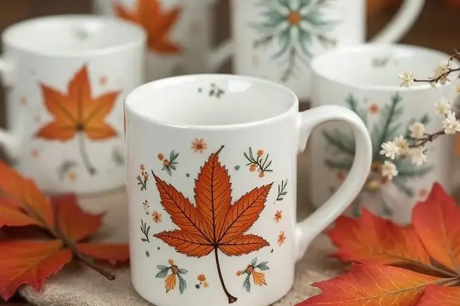 Kubek ceramiczny z napisem „Herbatka z babcią” na stole