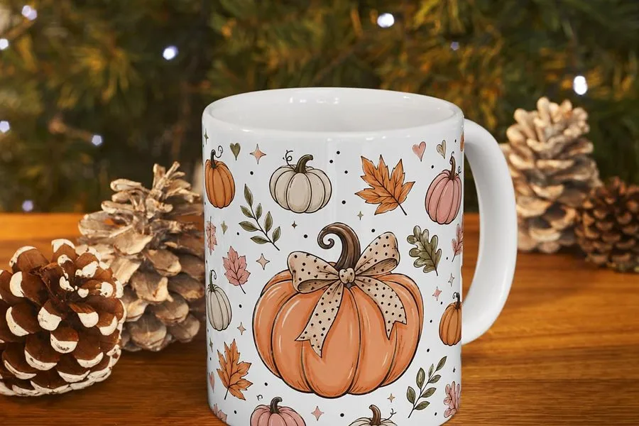 Kubek ceramiczny z napisem „Nie gadaj do mnie przed kawą” na stole